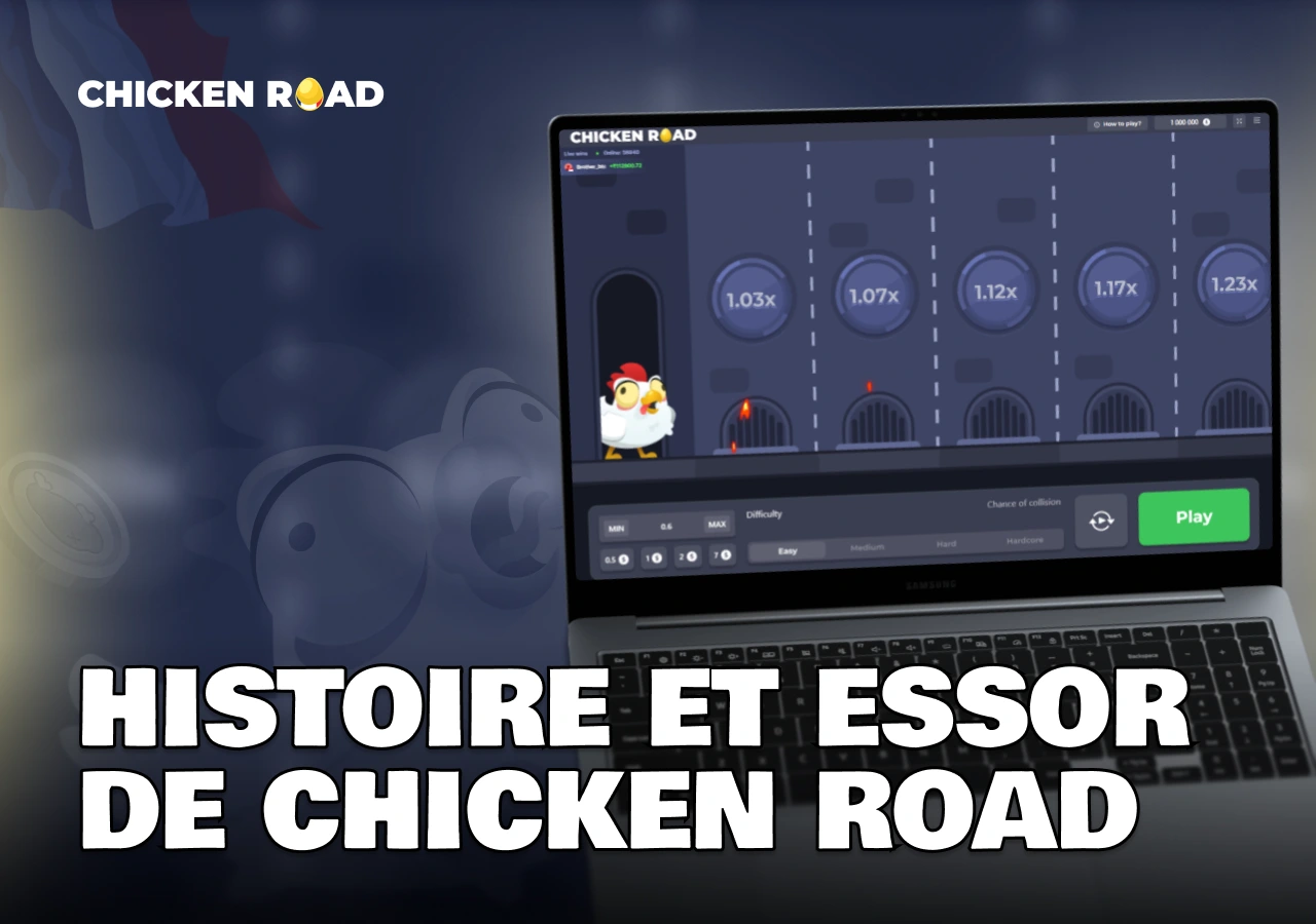 Ordinateur affichant Chicken Road avec texte sur l’histoire et l’essor du jeu en France